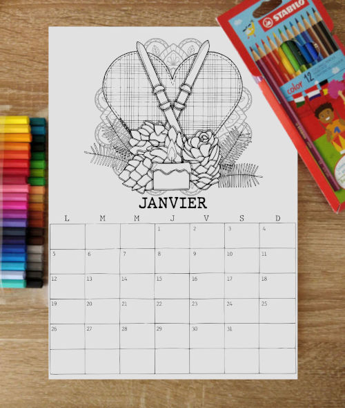 page de Janvier du Calendrier 2026, une illustration par mois à colorier
