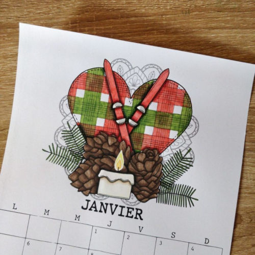 mise en couleurs de la page de Janvier du Calendrier 2026, une illustration par mois à colorier