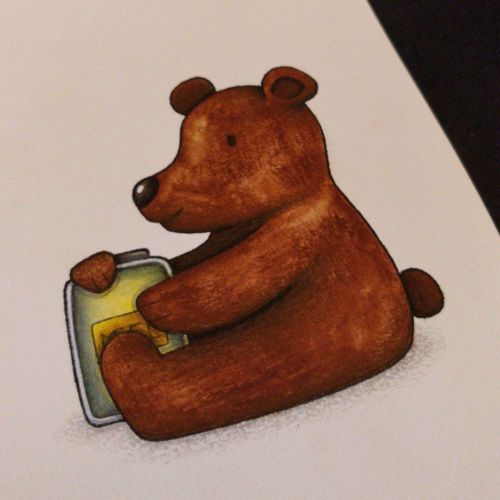 dessin d'un petit ours mangeant du miel, dessin réalisé en suivant un tuto