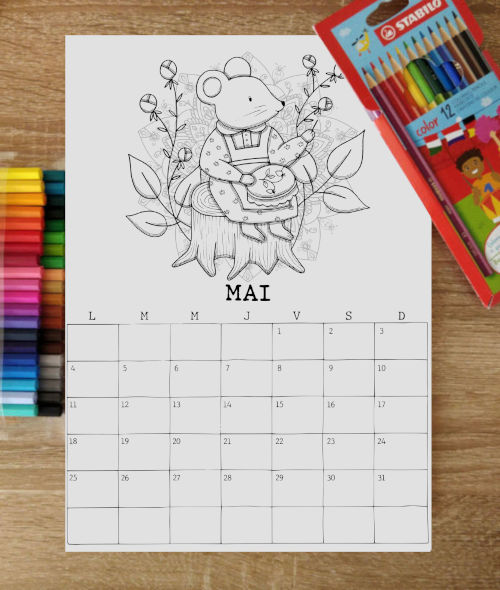 page du mois de mai 2026 issu du Calendrier 2026, une illustration par mois à colorier à recevoir en mai 2026 sur Tipeee et Ulule