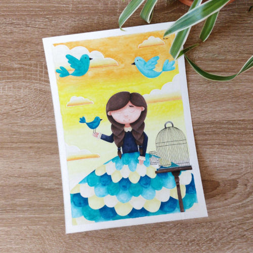 la Dame aux Oiseaux, illustration couleurs