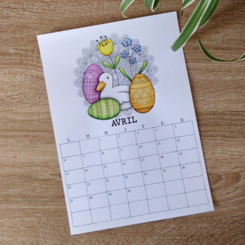 mise en couleurs de la page du mois d'avril du Calendrier 2026, une illustration à colorier par mois