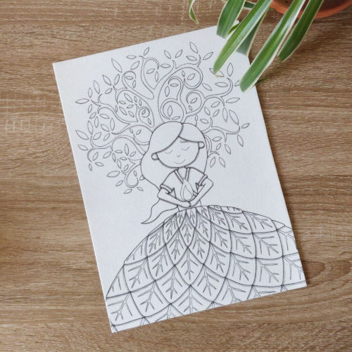 la Dame à l'Arbre, dessin line art noir