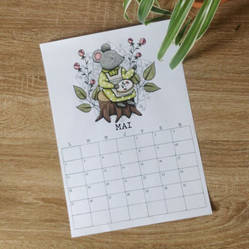 mise en couleurs de la page du mois de mai du Calendrier 2026, une illustration à colorier par mois