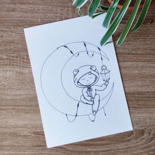 l'Enfant sur la lune, dessin line art noir