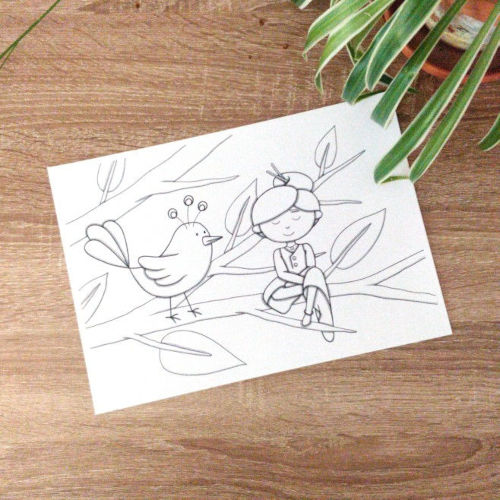 l'Enfant et l'Oiseau, dessin line art noir