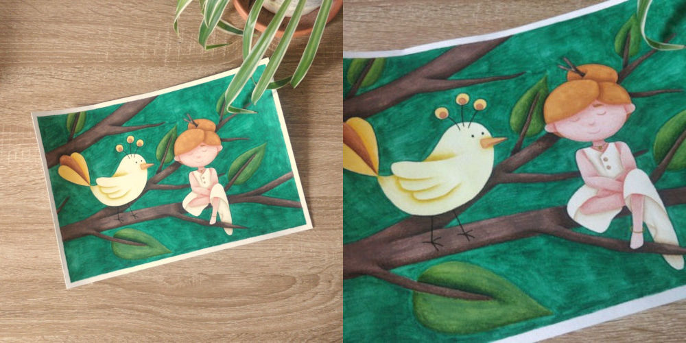 l'Enfant et l'Oiseau, illustration couleurs