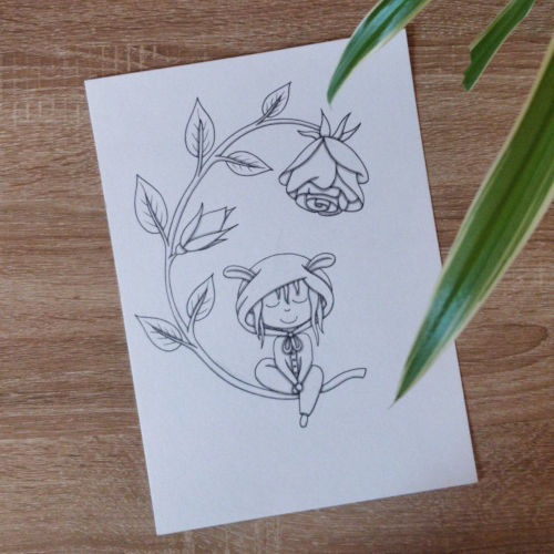 dessin représentant un enfant assis sur la tige d'une rose, d'après un tuto vidéo de Laure Phelipon