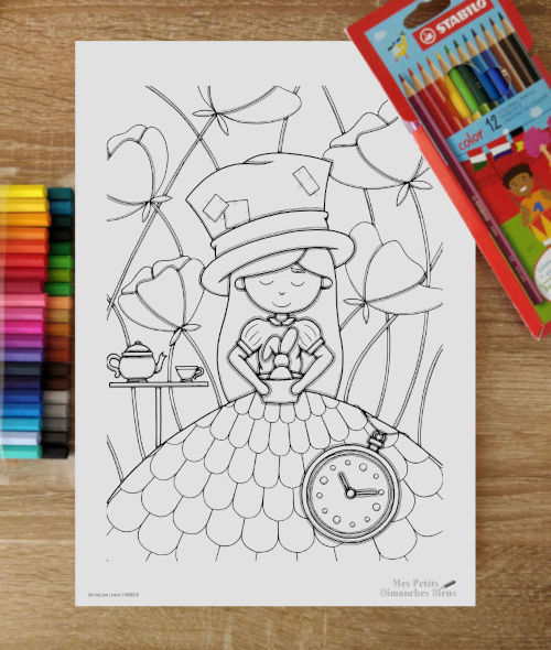 la Dame au Pays des Merveilles, coloriage à recevoir dans le Colo Club Maxi du mois d'août