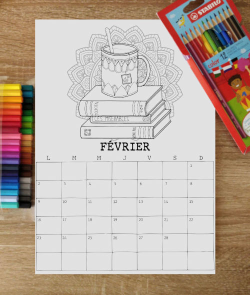 page de Février du Calendrier 2026, une illustration par mois à colorier
