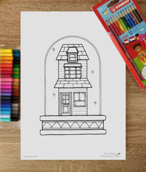 coloriage représentant une maison sous cloche, à recevoir sur les plateformes en février 2026