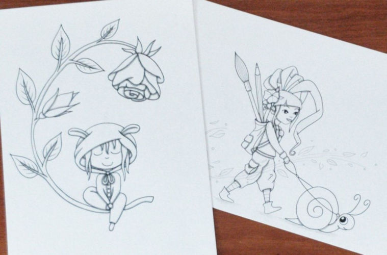 dessins réalisés d'après des tutos vidéos de Laure Phelipon, un enfant assis sur la tige d'une rose et un personnage qui se promène avec un escargot