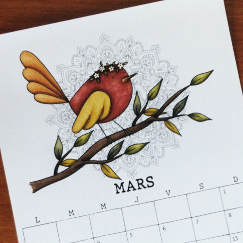 coloriage de la page du mois de mars du Calendrier 2026, une illustration par mois à colorier