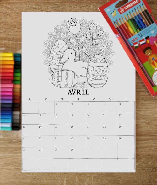 page du mois d'avril du Calendrier 2026, une illustration par mois à colorier