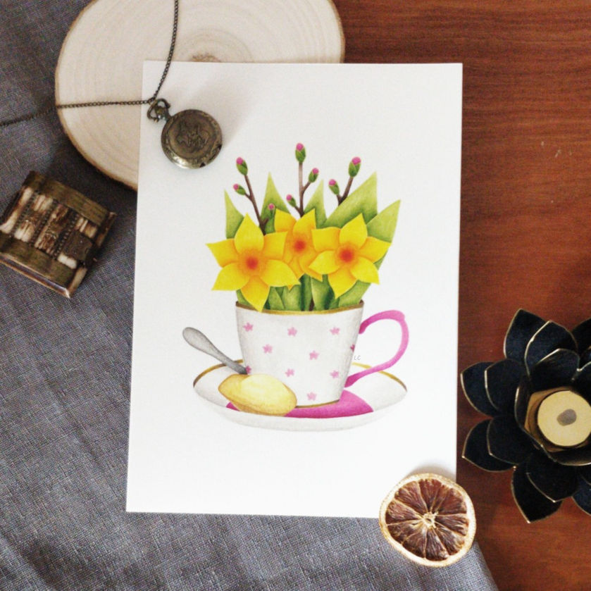 Dessin représentant des jonquilles dans une tasse à thé