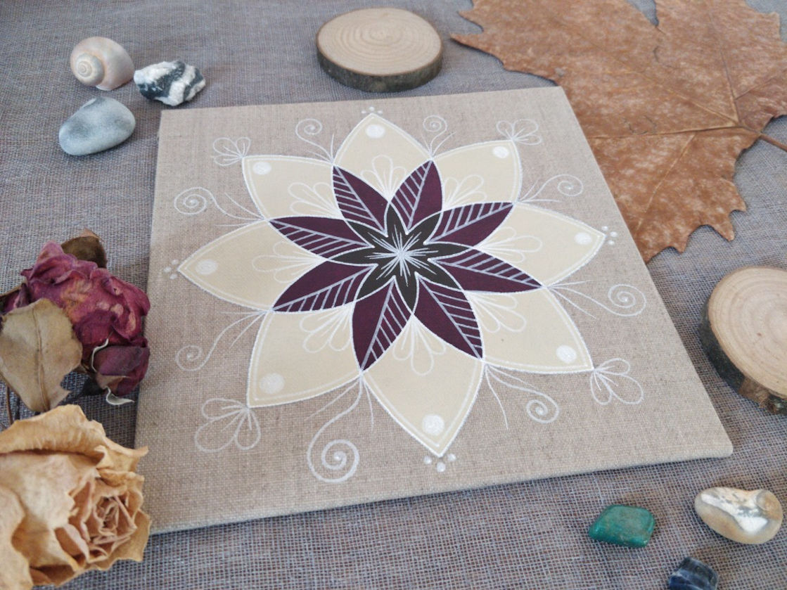 Peinture mandala "Tons neutres" - Carton toilé carré couleur lin – Image 2