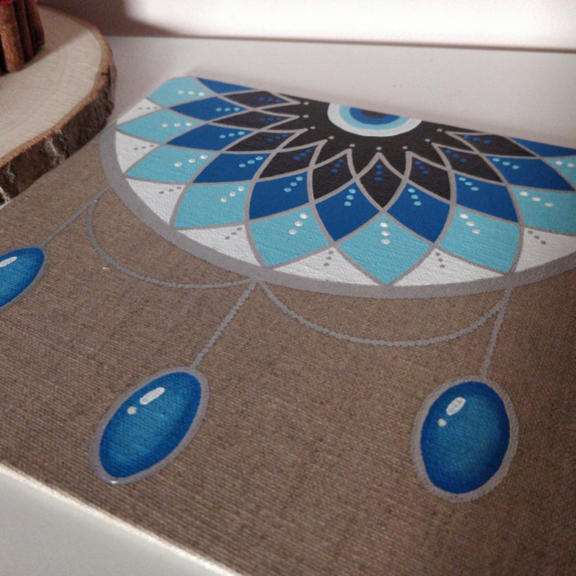 Peinture mandala "Bijou bleu" - Carton toilé carré couleur lin – Image 4