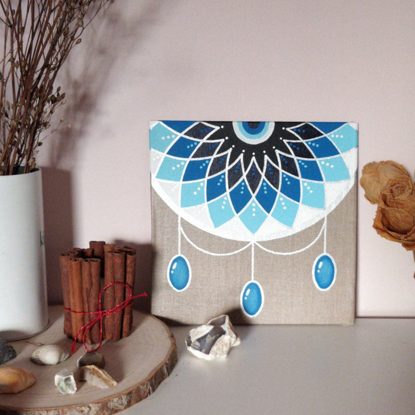 Peinture mandala "Bijou bleu" - Carton toilé carré couleur lin