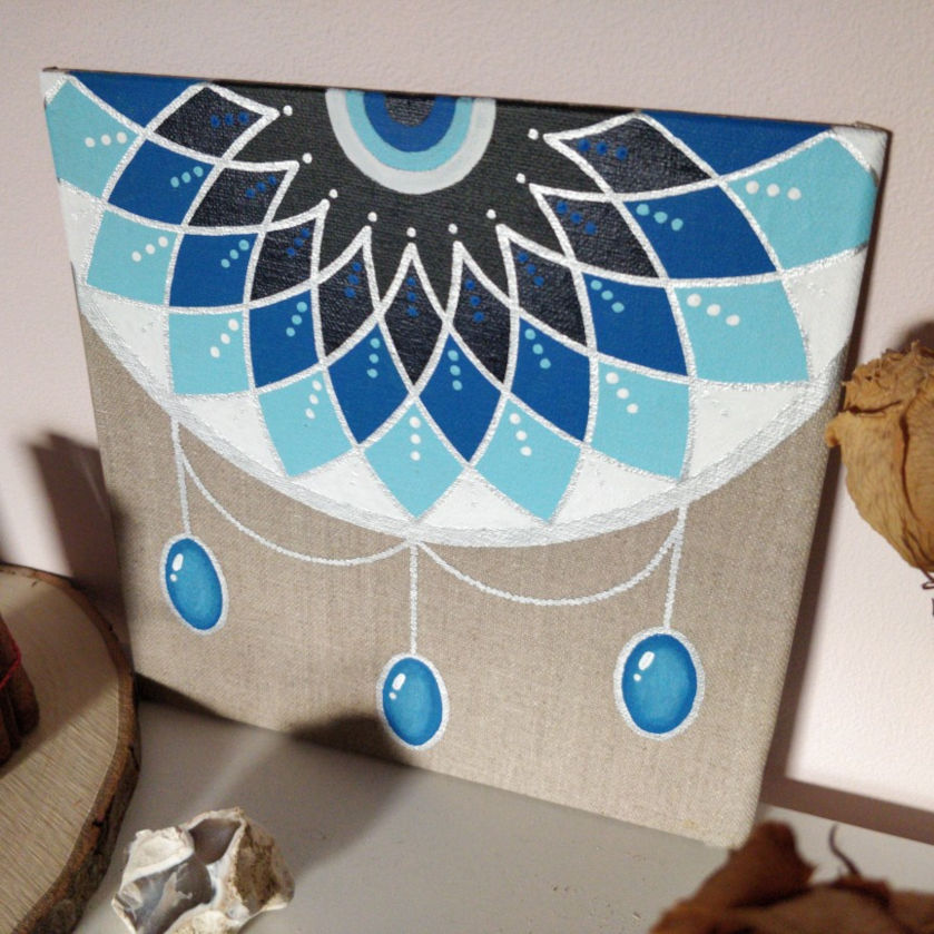 Peinture mandala "Bijou bleu" - Carton toilé carré couleur lin – Image 3