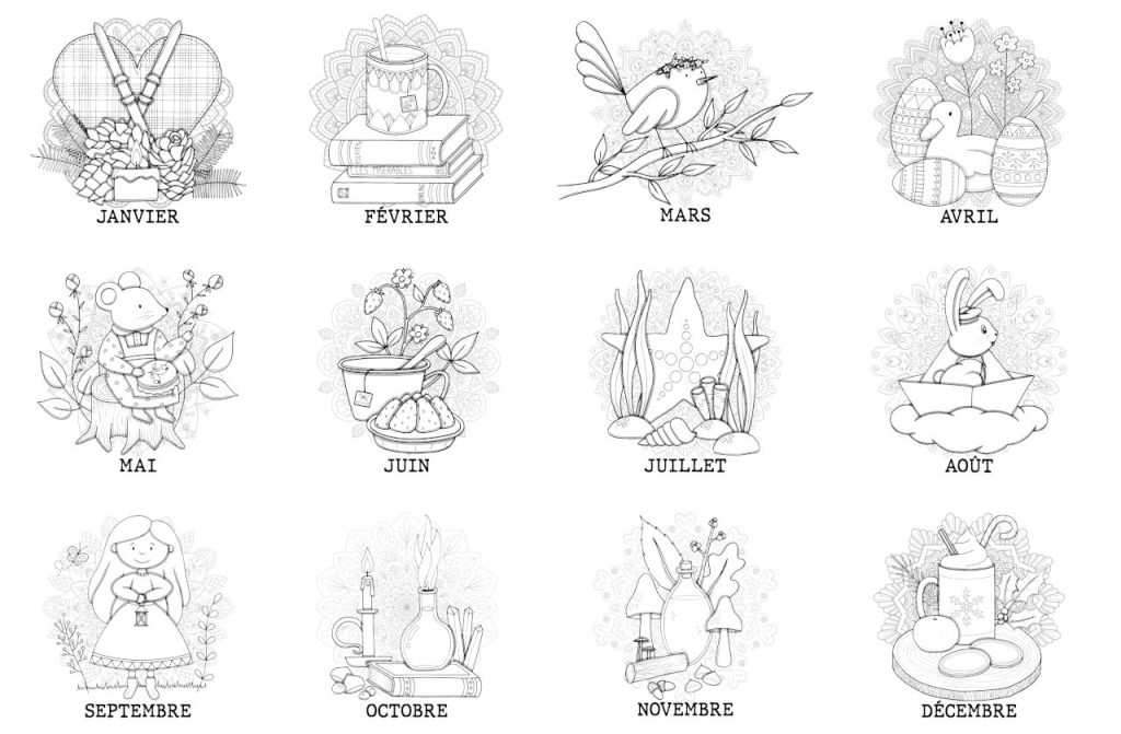 Visuel des 12 illustrations du calendrier 2026