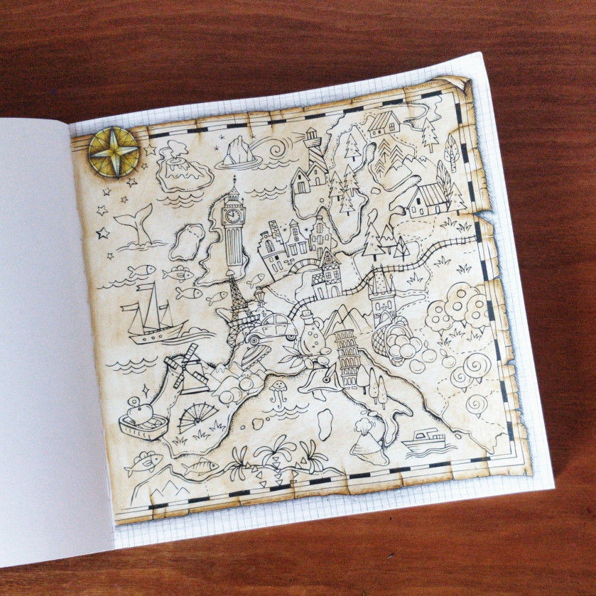 Coloriage représentant une carte du livre "Meine Reise durch Europa" illustré par Rita Berman