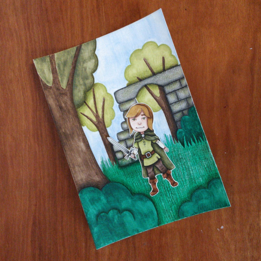 Dessin représentant un petit aventurier sur fond naturel boisé avec une ruine