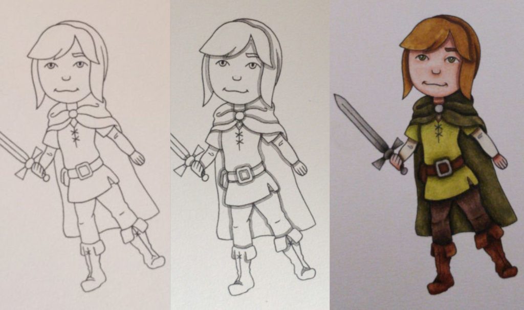 Différentes étapes du dessin de l'aventurier