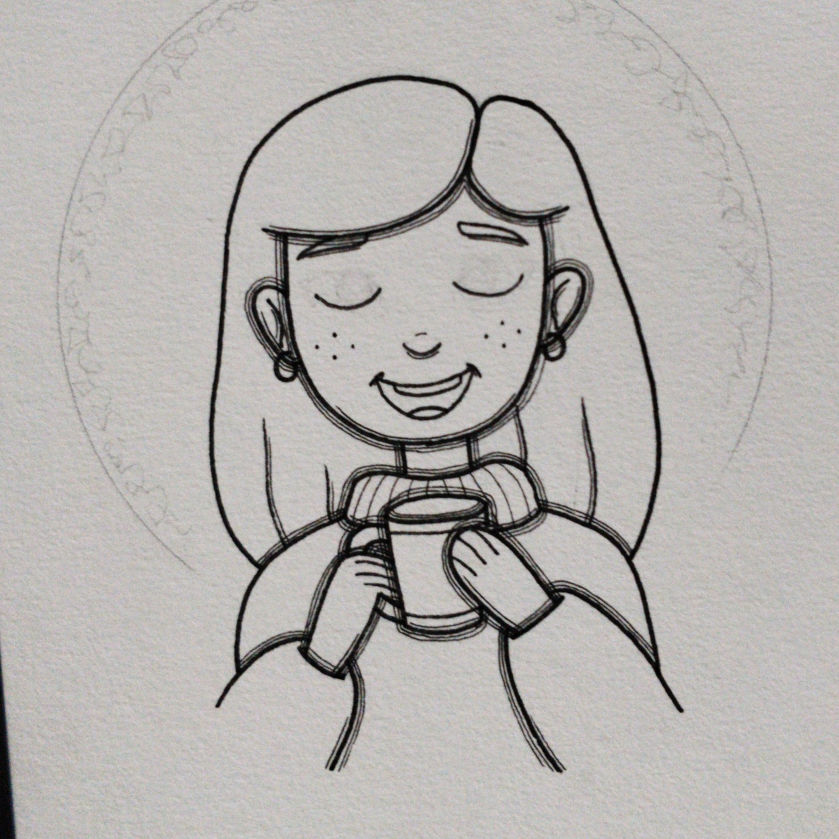 Dessin représentant une fille de face, tenant une tasse